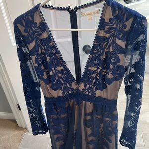 Navy and tan sheer mini dress with deep v neck. Excellent condition, worn once.